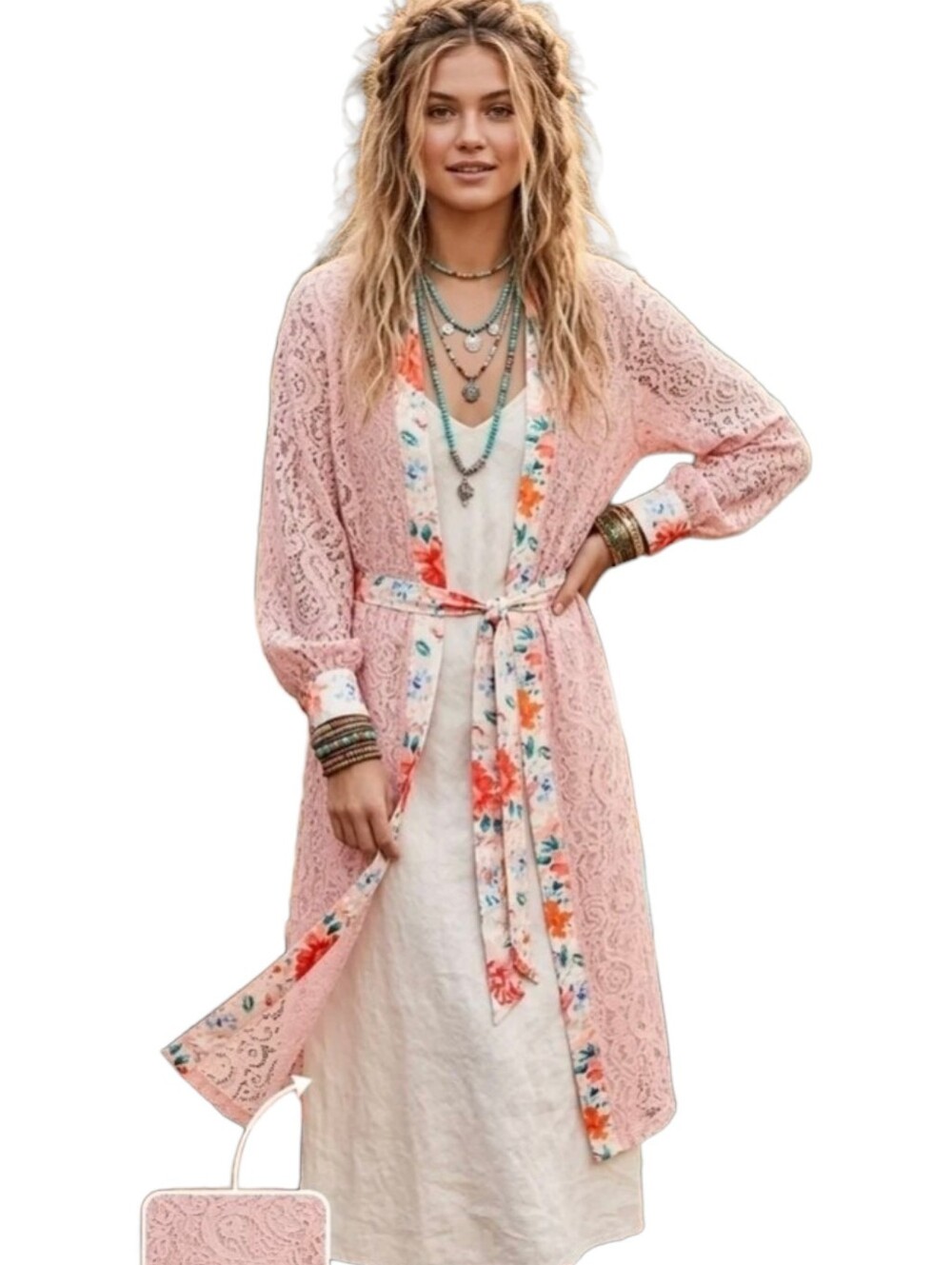 POL Pink Lace Duster Kimono Floral Trim Boho Festival Belted M NWOT